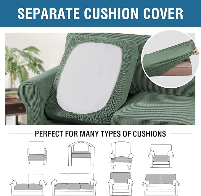 H.VERSAILTEX 3 Piece Stretch Sofa Covers for 2 Cushion Loveseat Couch Covers for Living Room Sofa Slipcovers (Base Cover Plus 2 Seat Cushion Covers) Thicker Jacquard Fabric(Medium, Loden Frost)