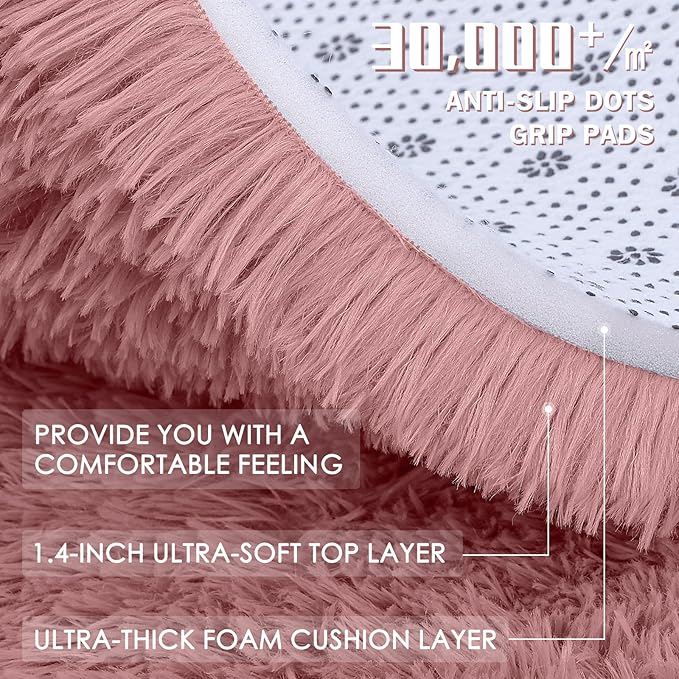 OLANLY Pale Pink Round Rugs for Bedroom - Machine Washable, 5 ft Circle Area Rugs for Living Room, Soft and Fluffy Shaggy Carpet for Teen Girls and Boys, Nursery Rooms, Dorms, Home Decor Aesthetic