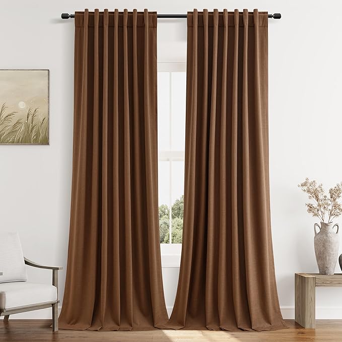 Guken Caramel Brown 100% Blackout Linen Curtains 102 Inch Length 2 Panels Set for Living Room Bedroom Back Tab/Rod Pocket Thermal Insulated Black Out Drapes Farmhouse Room Darkening Window Curtains