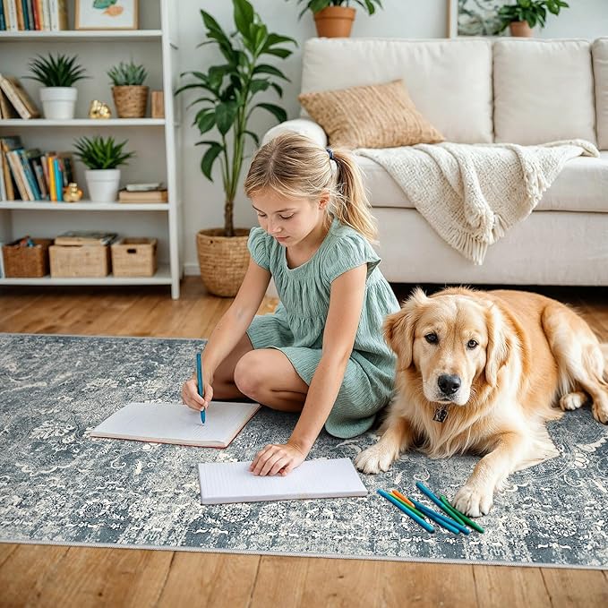 2'6"x8' Washable Hallway Runner Rug - Non Slip Kitchen Runner Rugs with Rubber Backing Vintage Low-Pile Carpet Runners for Entryway Dining Room Laundry Room Home Decor (Blue)