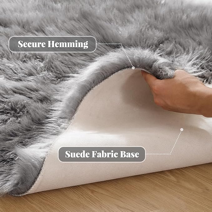 ORINOVA Shag Washable Area Rugs 8x10 Grey Fluffy Rug for Living Room Large Faux Sheepskin Shaggy Fur Area Rugs for Bedroom Nursery Rectangle Rug