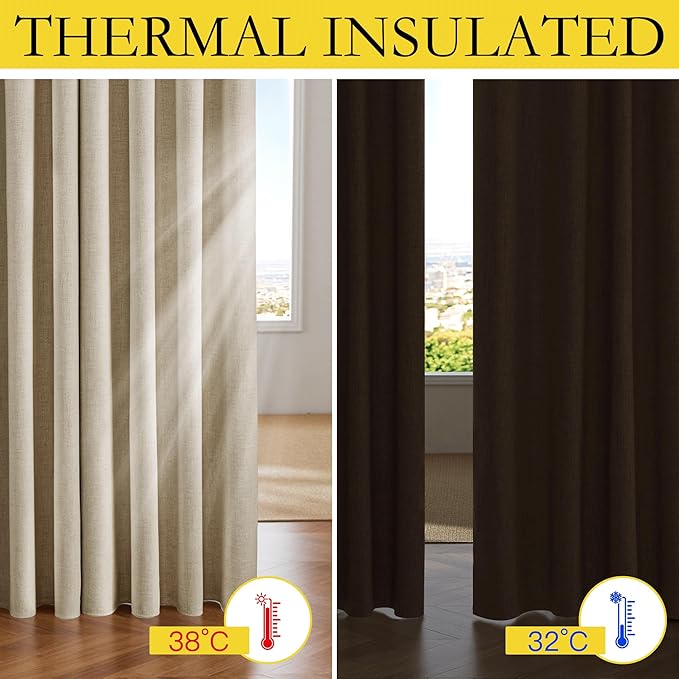 NICETOWN Cream 100% Blackout Linen Curtains 102 inch Long Burg for Living Room, 1 Pair, 52" Width Each Panel, Farmhouse Thick Completely Blackout Window Treatment Thermal Insulated Drapes