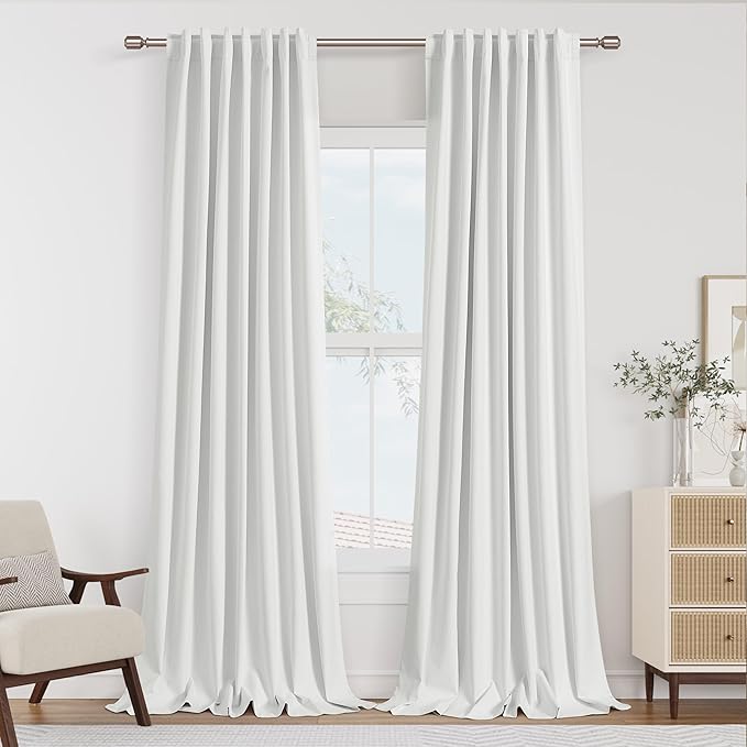 Guken White 100% Blackout Linen Curtains 86 Inch Length 2 Panels Set for Living Room Bedroom Back Tab Rod Pocket Thermal Insulated Black Out Drapes Room Darkening Farmhouse Window Curtains 52x86