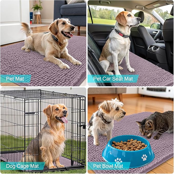 OLANLY Dog Door Mat for Muddy Paws 47x24, Absorbs Moisture and Dirt, Absorbent Non-Slip Washable Doormat, Quick Dry Chenille Mud Mat for Dogs, Entry Indoor Entryway Carpet for Inside Floor, Deep Plum