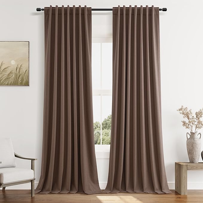 Guken 100% Blackout Curtains 90 Inch Length 2 Panels Set for Living Room Bedroom Back Tab Thermal Insulated Black Out Linen Drapes Room Darkening Cappuccino,52x90