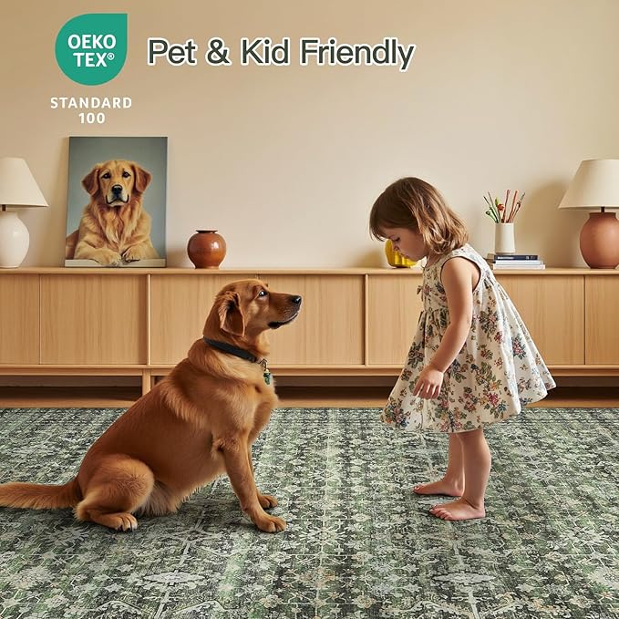 Lofus 6x9 Area Rug for Living Room,Green Washable Area Rugs with Non-Slip Backing,Soft Boho Carpets for Bedroom Dining Room Home Office Indoor Nursery