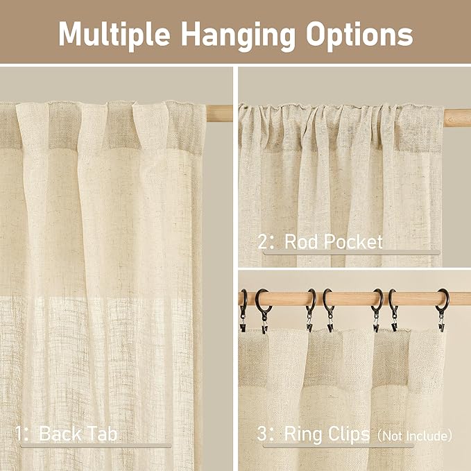 LAMIT Extra Wide Linen Curtains for Bedroom, Natural Light Filtering Faux Linen Textured Panels Semi Sheer Back Tab and Rod Pocket Boho Drapes for Living Room/Farmhouse, 2 Panels, Beige, 60 x 84 Inch