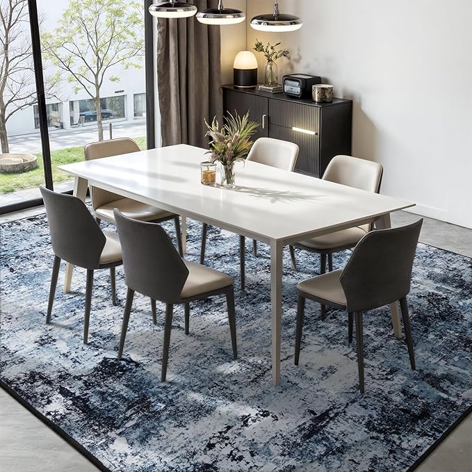 Rugflix 10x14 Area Rugs for Living Room, Washable Large Rug Stain-Resistant Low Pile, Modern Dark Carpet for Dining Room Home Office Kid Room Nursery Bedroom, Navy Blue/Black