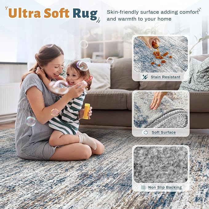 2x7 Runner Rug for Hallway, Washable Modern Abstract Runner Rugs Neutral Soft Non Slip Kids Rug Stain Resistant Indoor Runners for Entryway Bedroom Kitchen Laundry Room(BlueWhite, 2'x7')