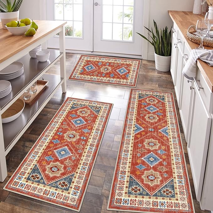 HEBE Boho Kitchen Rug Sets 3 Piece with Runner Non Slip Kitchen Rugs and Mats Washable Kitchen Mats for Floor Thick Kitchen Floor Mat Carpet Runner Rugs for Hallway Laundry Holiday Decor