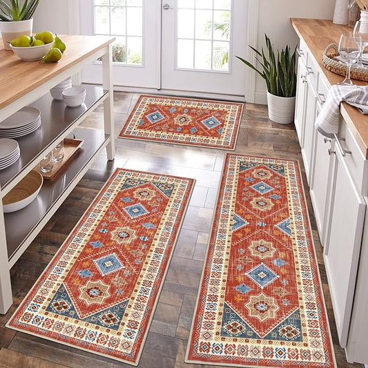 HEBE Boho Kitchen Rug Sets 3 Piece with Runner Non Slip Kitchen Rugs and Mats Washable Kitchen Mats for Floor Thick Kitchen Floor Mat Carpet Runner Rugs for Hallway Laundry Holiday Decor