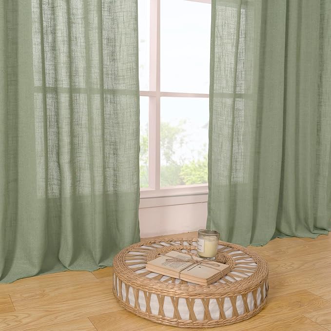 LAMIT Sage Green 80 inch Linen Curtains for Living Room 2 Panels, Linen Textured Light Filtering Semi Sheer Back Tab and Rod Pocket Window Curtain Panels for Bedroom/Farmhouse, 52 x 80 Inch