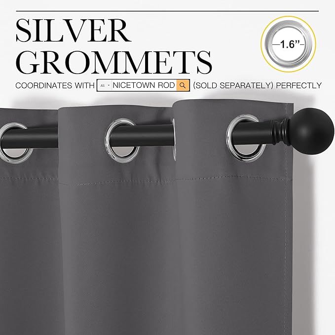 NICETOWN Grey Blackout Curtain Panels for Bedroom, 2 Panels, W29 x L40 inches, Grey, Thermal Insulated Grommet Top Blackout Kitchen Draperies and Drapes