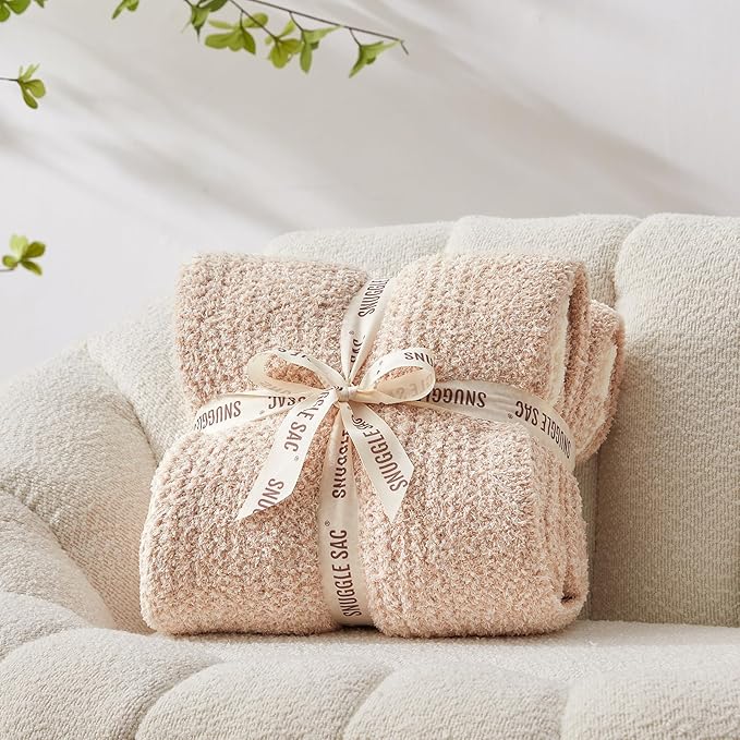 Snuggle Sac Heather Beige Throw Blankets Luxurious Microfiber Fabric, Reversible Super Soft Throws Warm Cozy Knit Fuzzy Plush Throw Blanket for Couch, Bed, Sofa, Camping, Beige,50x60 inches