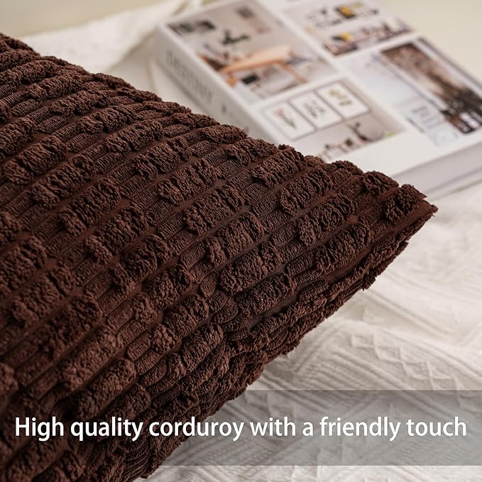 Pack of 2 Corduroy Decorative Throw Pillow Covers 22x22 Inch Soft Striped Pillow Covers Modern Farmhouse Home Decor for Sofa Living Room Couch Bed（Dark Brown）