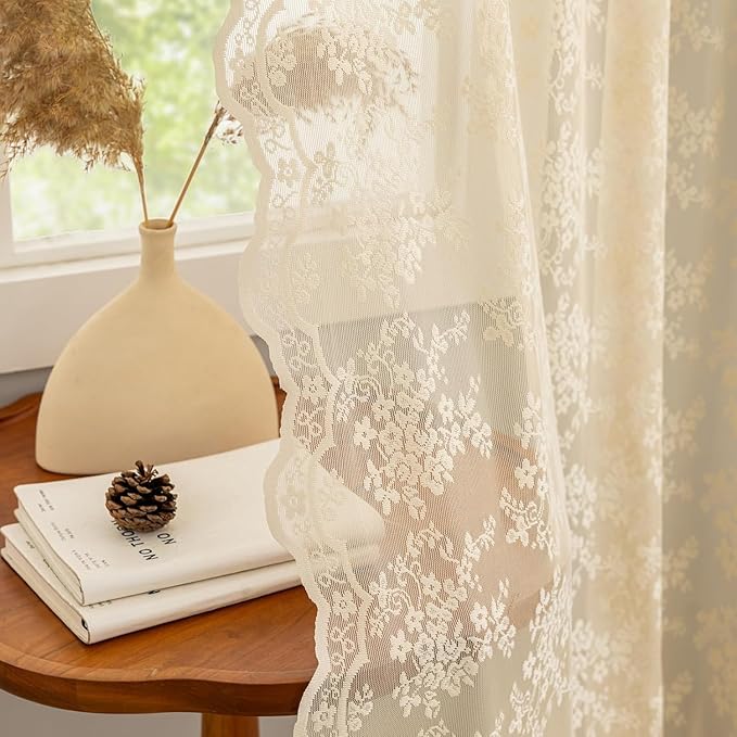 YJ YANJUN Vintage Lace Curtains 132 Inches Long-Victorian Floral Fancy Beige Sheer Curtain Panels for Living Room Bedroom,Light Filtering, Boho 70s Grandma Core Decor 2 Panels 52W x 132L