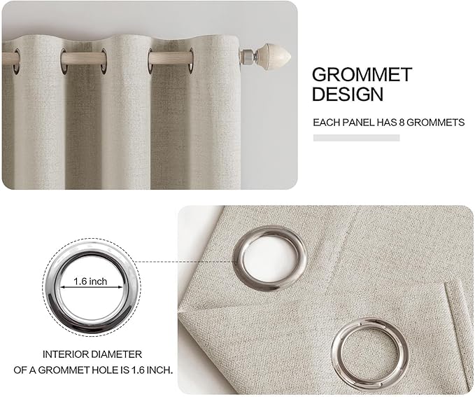 MIULEE Linen Curtains for Bedroom 100% Blackout Thermal Insulated Cobblestone Grommet Room Darkening Curtains & Drapes for Living Room Nursery 52 x 45 Inch (2 Panels)