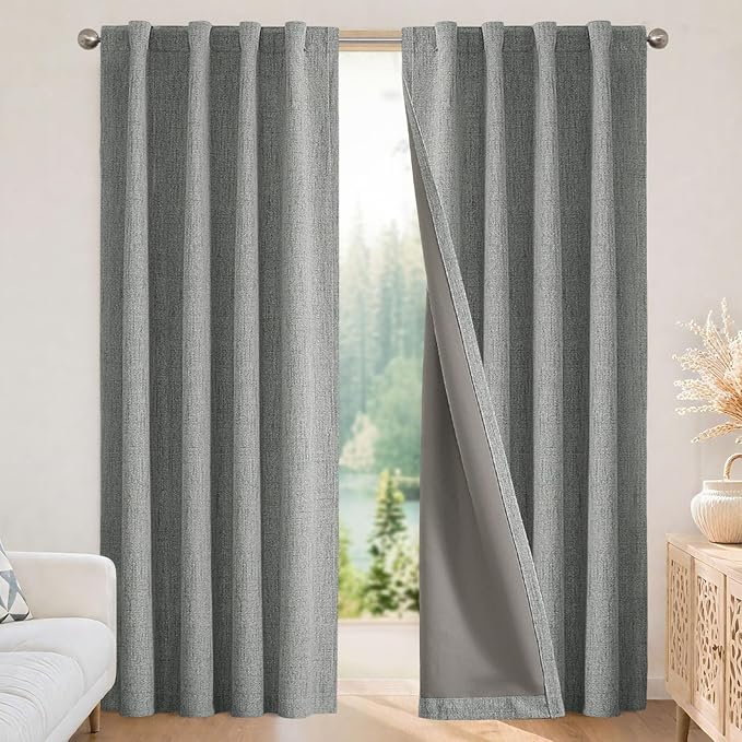 Joydeco Blackout Curtains for Bedroom - 90 Inch Long 100% Light Blocking 2 Panels Light Grey Drapes, Thermal Insulated Room Darkening Curtains, Linen Textured for Living Room, Rod Pocket & Back Tabs