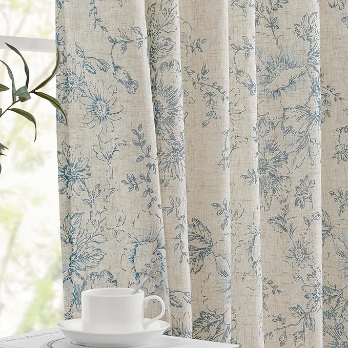 jinchan Lined Linen Blend Curtain Floral Curtains for Living Room 108 Inches Long Blue Peony Flower Printed Curtain Rod Pocket Back Tab Farmhouse Patterned Drapes Bedroom Window Curtains Set 2 Panels