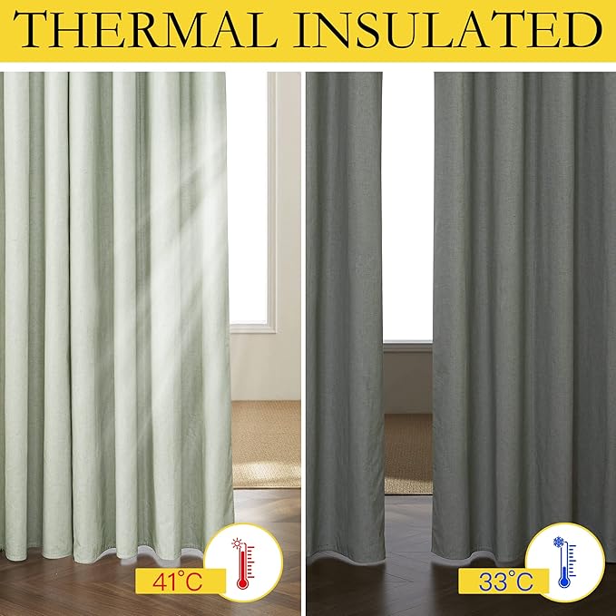 NICETOWN Sage Green Kitchen Linen Completely Shaded Draperies, 2 Pieces, W62 x L63, Privacy Protection & Noise Reducing Ring Top Drapes, White Lined Insulated Window Treatment Curtain Panels