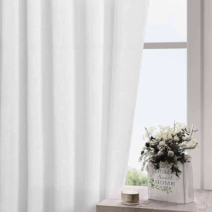 Nanspring White Linen Curtains 2 Panels Set for Living Room Extra Long Back Tab Curtains 103 Inches Long Farmhouse Semi Sheer Light Filtering Linen Drapes Ceiling to Floor for Large Window 52x103