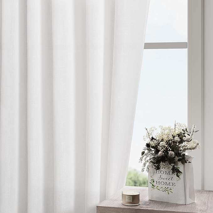 Nanspring White Linen Extra Long Curtains for Living Room 139 Inches Long Back Tab Curtains 2 Panels Set Farmhouse Light Filtering Semi Sheer Linen Drapes Ceiling to Floor for Large Window 52x139