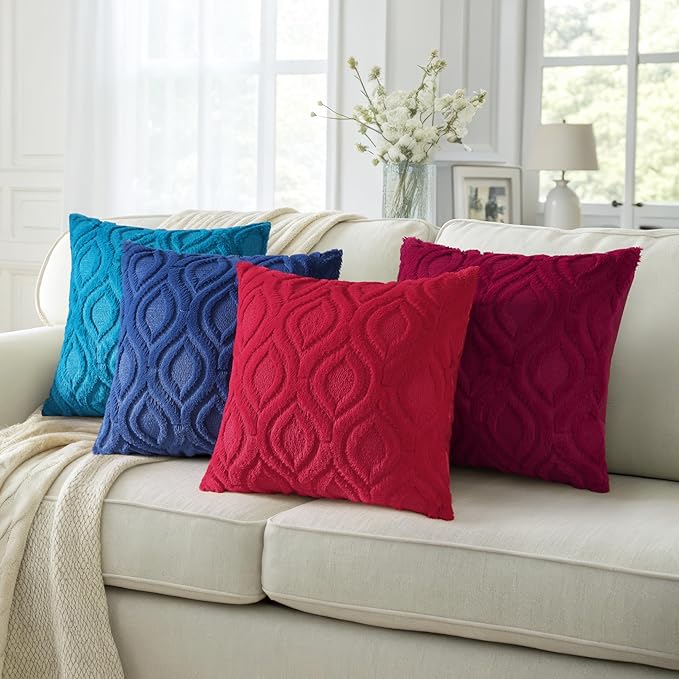 decorUhome Throw Pillow Covers 18x18 Inch Set of 2, Soft Plush Faux Wool Dark Blue Solid Couch Pillow Covers, Accent Farmhouse Neutral Square Pillow Cases for Sofa Bed Living Room