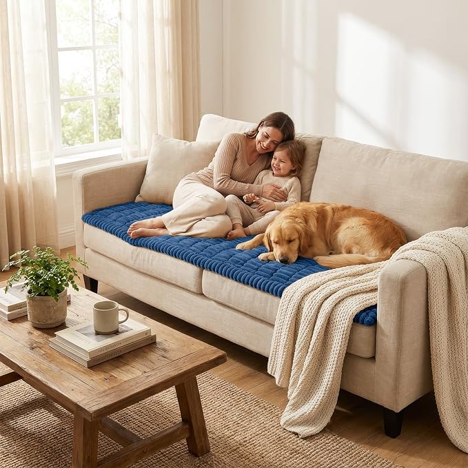 Smiry Couch Cover for Dogs Washable, Non Slip Fuzzy Pet Couch Covers for 3 Cushion Sofa Pet Friendly, Thick Soft Sofa Slipcovers Cushion Protector (Navy Blue, 27.6" x 27.6")