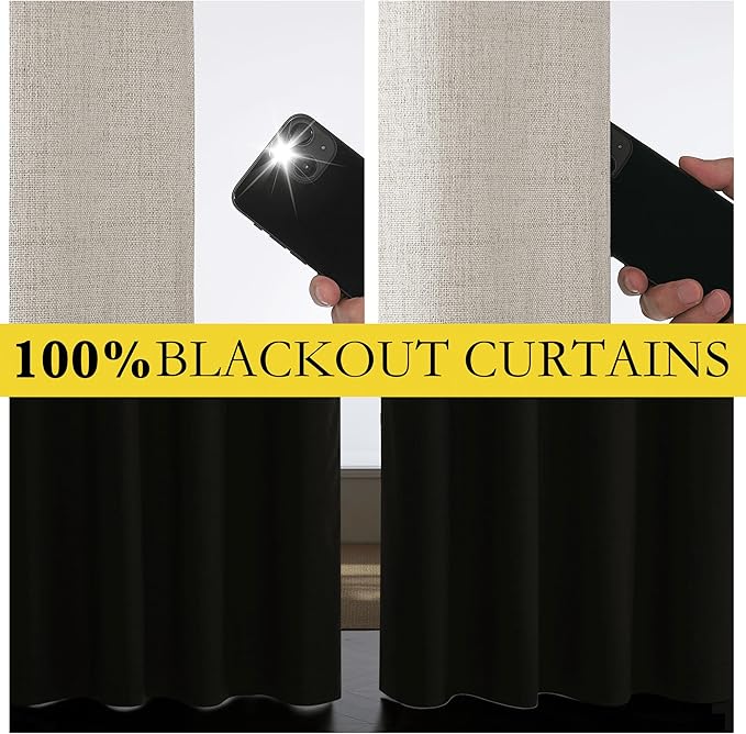 NICETOWN Brich Vintage Open Linen Weave Flax Thermal Curtains, 100% Blackout Curtains 95" Long for Dining Room, Soundproof Window Treatment Drapes for Home Office, 62" Wide Per Panel, Set of 2