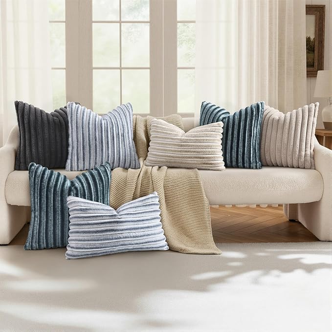 decorUhome Cozy Faux Fur Throw Pillow Covers 22x22 Set of 2 Decorative Soft Plush Striped Modern Farmhouse Boho Couch Euro Sham Pillow Cases with Velvet Back for Sofa Bed Living Roomr, Dark Grey