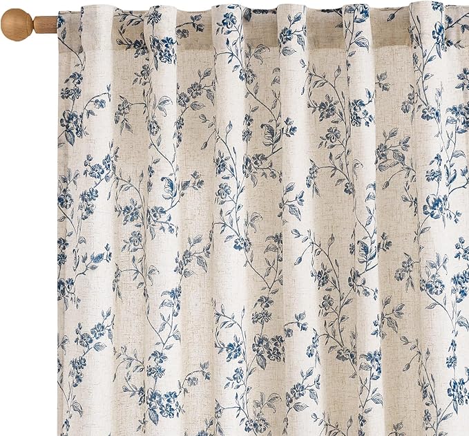 Lazzzy Linen Farmhouse Curtains Blue Floral Curtains 63 Inch Length Back Tab Drapes for Living Room Bedroom Light Filtering Country Vintage Rod Pocket Curtain, 2 Panels, Blue on Beige