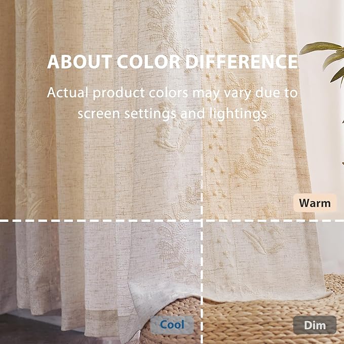 jinchan Belrose Linen Curtains for Bedroom Floral Curtains 63 Inch Length Linen Blend Ivory Embroidered Drapes Farmhouse Flower Patterned Drapes for Living Room Window Treatments Sets 4 Panels