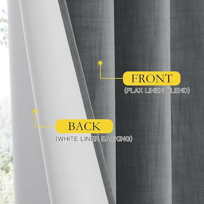 NICETOWN 100% Absolutely Blackout Linen Curtains with Thermal Insulated White Liner, Dove Grey, 62" Wide, 2 Pieces, Privacy Vertical Window Drapes for Office Laundry Living Room Windows 72 inch Long