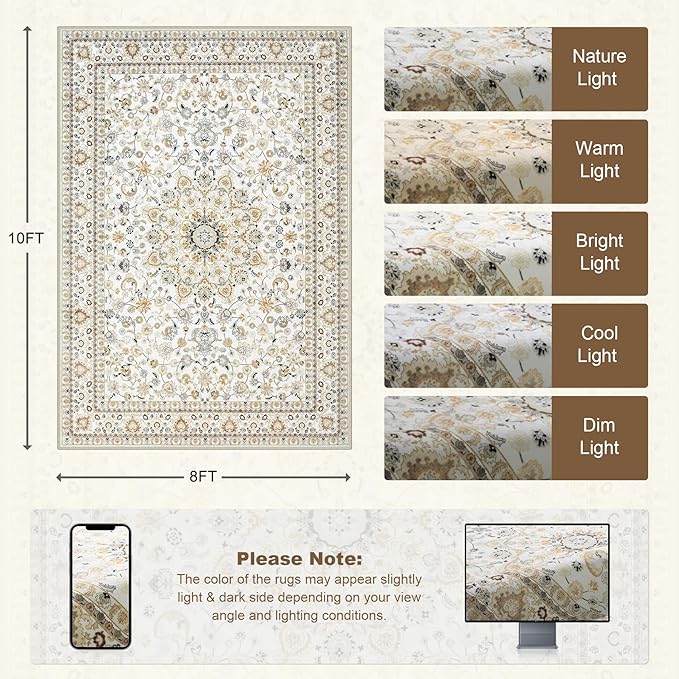 8x10 Area Rugs for Living Room: Washable Rug Soft Vintage Boho Carpet Indoor Floor Non-Slip Stain Resistant Floral Large Carpets for Bedroom Dining Room Farmhouse Nursery Home Office Beige