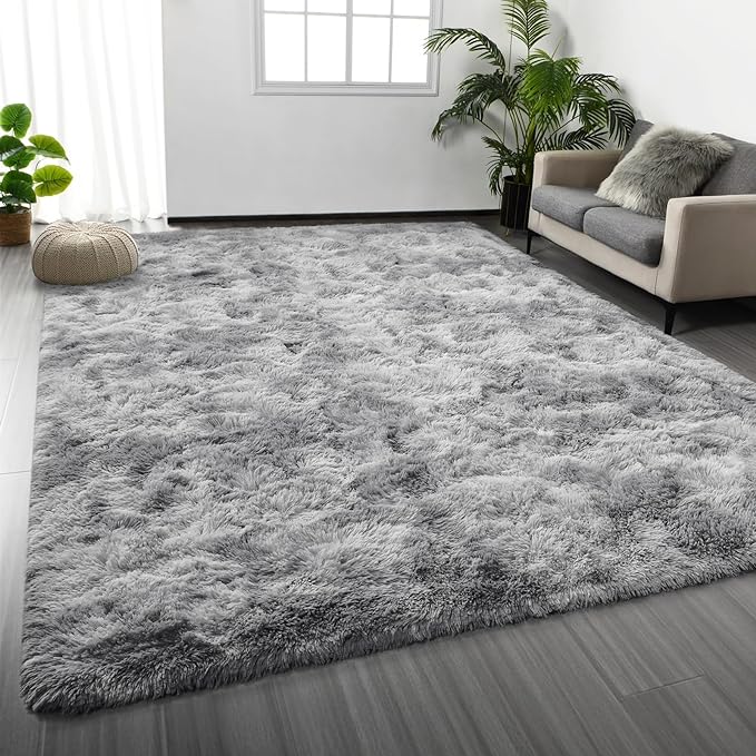 Large Shag Area Rugs 8 x 10, Tie-Dyed Plush Fuzzy Rugs for Living Room, Ultra Soft Fluffy Furry Rug for Bedroom, Indoor Carpet Nursery Rugs for Kids Room Home Decor, Light Grey