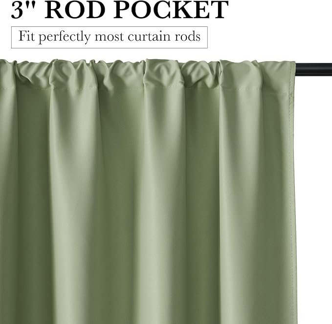 RYB HOME Bedroom Blackout Curtains 80 inches Long, 100% Blackout Thermal Insulated Noise Reducing Curtains for Living Room Nursury, 34 inches Wide by 80 inches Long, Sage Green