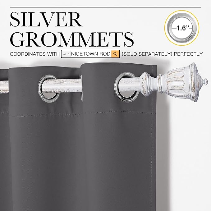 NICETOWN Grey Blackout Cafe Curtain Panels for Bedroom, Thermal Insulated Grommet Top Blackout Draperies and Drapes for Basement (2 Panels, W42 x L40-inch, Grey)