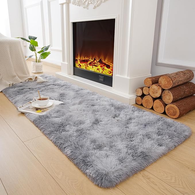 Chicrug Cute Fluffy Area Rug for Girls Bedroom, 2x6 Feet Fluffy Kids Rug for Room Decor, Shag Soft Dorm Playroom Rug, Bedside Rugs for Baby Nursery Room, Grey