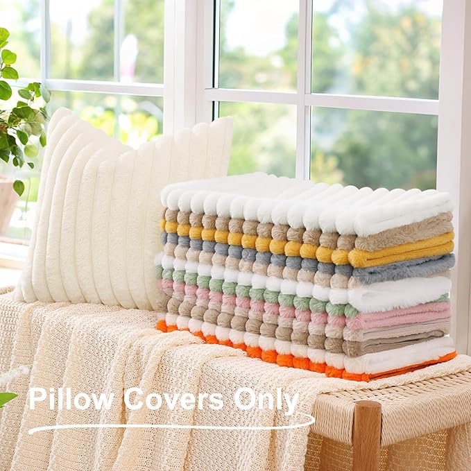 decorUhome Cozy Faux Fur Throw Pillow Covers 26x26 Set of 2 Decorative Soft Plush Striped Modern Farmhouse Boho Couch Euro Sham Pillow Cases with Velvet Back for Sofa Bed Living Room, Red