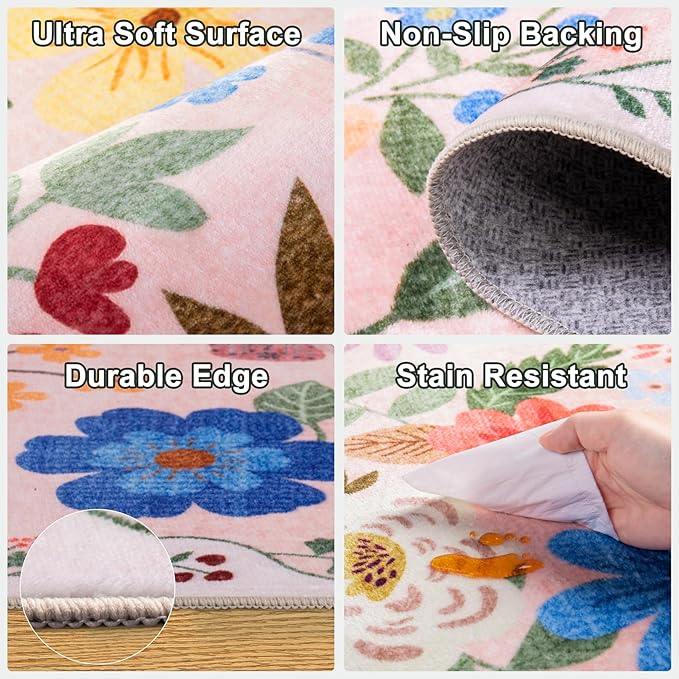 Runner Rug for Entryway: 2.6x8 Kitchen Rugs Non Slip Washable Ultra-Thin Soft Floral Carpet Indoor Floor Stain Resistant Carpets for Hallway Bedroom Kitchen Laundry Bathroom Dorm Beige