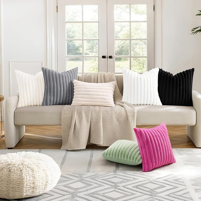 decorUhome Summer Cozy Faux Fur Throw Pillow Covers 26x26 Set of 2 Decorative Soft Plush Striped Modern Farmhouse Boho Couch Euro Sham Pillow Cases with Velvet Back for Sofa Bed Living Room, Hot Pink