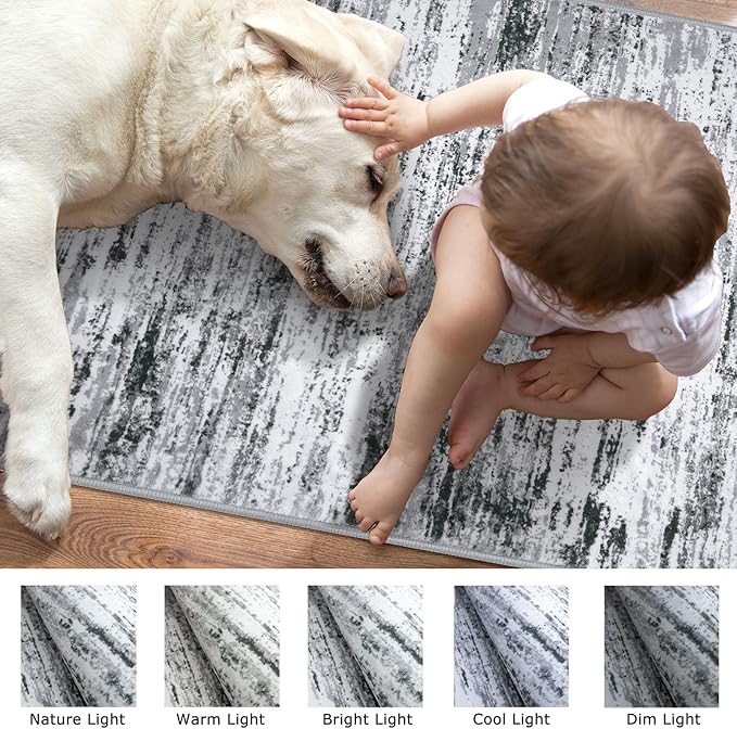 Lansny Modern Abstract 8x10 Large Machine Washable Living Room Rug Non-Slip Soft Bedroom Area Rug Black Gray White Ultra Thin Print Faux Wool Carpet Throw Rugs for Nursery Playroom Dining Room Indoor