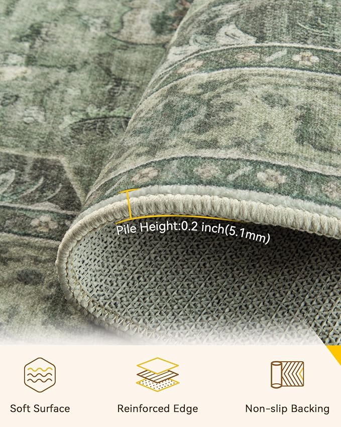 RELEANY Area Rugs Square 7ft Washable Non-Slip, Floral Vintage Distress Print Pattern Medallion Carpet for Living Room Bedroom Dining Room, Dark Green Gray