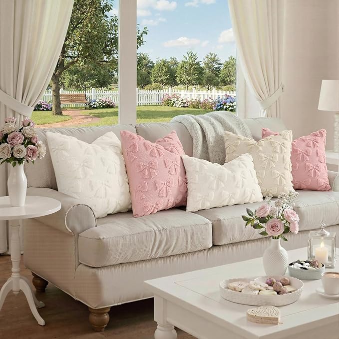 decorUhome Cream White Bow Pillow Covers Set of 2 Coquette Aesthetic Cute Preppy Plush Faux Pillowcases for Girly Bedroom or Couch 12x20 Inch