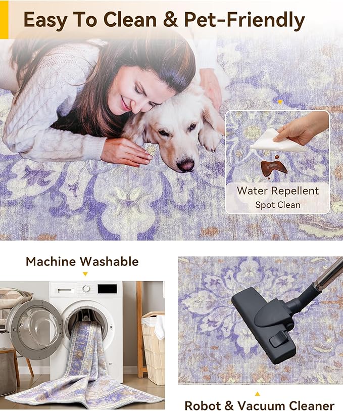 RELEANY Area Rugs 2'x8' Runner Rug Non Slip Washable for Kitchen Hallway Bedroom Beside Laundry Room Bathroom Rug, Floor Carpet, Light Purple Brown