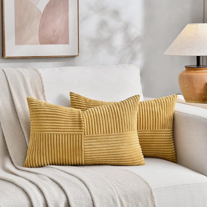 Fancy Homi 2 Packs Mustard Yellow Lumbar Decorative Throw Pillow Covers 16x28 Inch for Living Room Couch Bed, Rustic Farmhouse Boho Home Decor, Soft Striped Corduroy Rectangle Accent Cushion Case