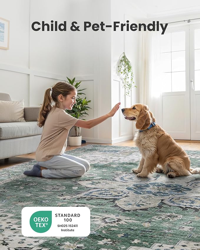 AMADA HOMEFURNISHING 2'6"x8' Washable Area Rug, Low-Profile Entryway Rug with Non-Slip Backing & Durable Edge Binding, Vintage Rug Pattern, Small Rugs for Entryway, Kitchen & Living Room