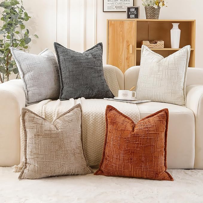 HPUK Fall Chenille Soft Throw Pillow Covers 18x18 Set of 2, Accent Cushion Covers for Living Room, Bedroom, Decorative Solid Color Pillow Covers for Couch, Sofa, Chair, Light Brown
