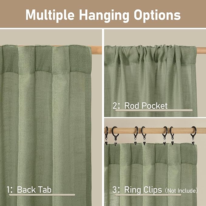 LAMIT Sage Green Linen Semi Sheer Curtains 63 Inch for Bedroom, Light Filtering Neutral Window Curtains Farmhouse Boho Back Tab and Rod Pocket Panels, 2 Panels, 38 x 63 Inch