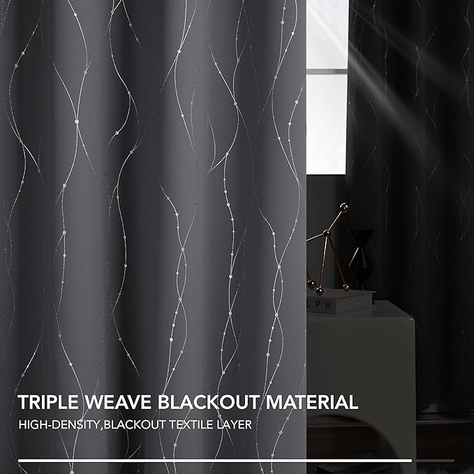 Deconovo Grey Blackout Curtains for Bedroom, Thermal Insulated Soundproof Drapes, Wave Dots Foil Print, 42 x 84 Inches Long, 2 Panels, Machine‑Washable Privacy Window Panel for Living Room Patio Door